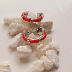 Red Enamel Hoops / Huggies Earrings W cz on silver